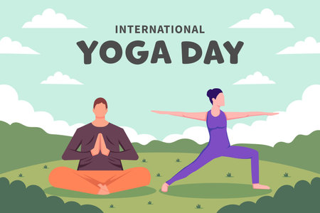 international yoga day background with two people practice yogaのイラスト素材