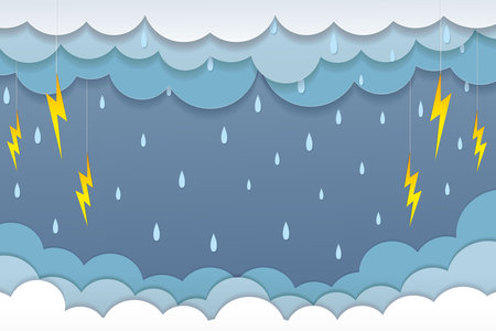 paper cut style illustration clouds with thunderbolts when it rainsのイラスト素材
