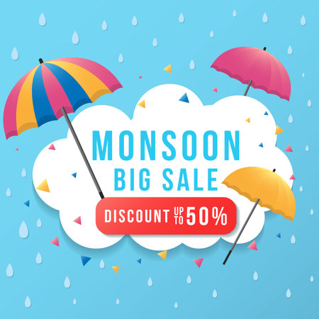 monsoon big sale banner promotion illustration with umbrella and cloudsのイラスト素材