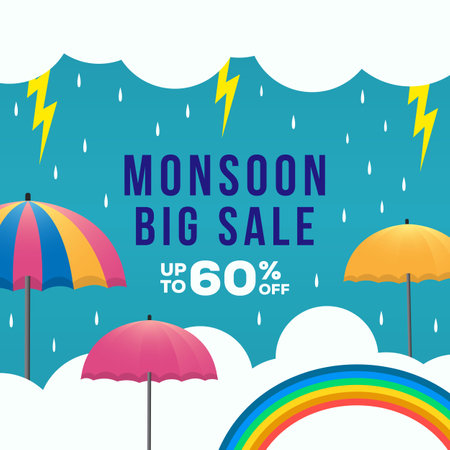 flat monsoon sale banner illustration with clouds, rainbow and umbrellaのイラスト素材