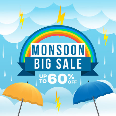 gradient monsoon big sale illustration with clouds and umbrellaのイラスト素材
