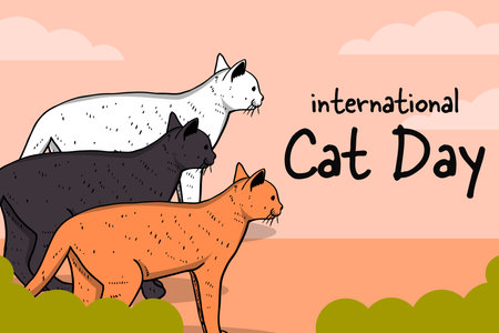 international cat day background illustration in hand drawn styleのイラスト素材