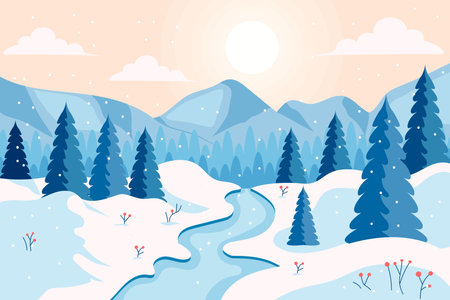illustration of winter view with mountain in flat design styleのイラスト素材