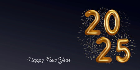 golden color happy new year 2025 horizontal banner with copyspace area