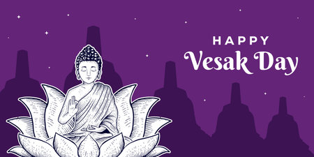 happy vesak day horizontal banner illustration in hand drawn style
