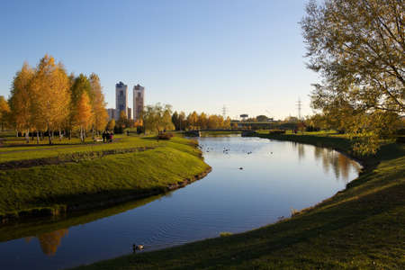 park and river in Minsk, Belarusの写真素材