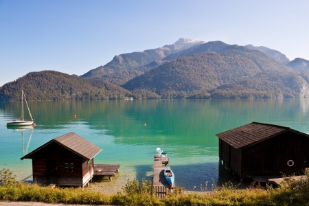 boathouses on Wolfgangsee, Austriaの写真素材