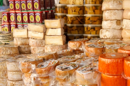 MADRID, SPAIN - APRIL 19  Cheese for sale on a street market in Madrid on April 19, 2013  Different kinds of original local cheese are produced in all regions of Spain のeditorial素材