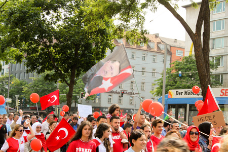 MUNICH, GERMANY - JULY 6, 2013   People of turkish origin came to a demonstration to support Prime Minister of Turkey Recep Tayyip Erdogan in Munich on July 6, 2013 のeditorial素材