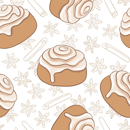 Seamless pattern with cinnamon rolls and spice. Freshly baked sweet pastry with frosting    and spice. Vector illustration. Eps added to swatches.のイラスト素材