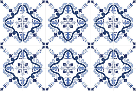 Traditional ornate portuguese tiles azulejos in blue. Vintage pattern. Abstract background. Vector hand drawn illustration, eps10.のイラスト素材