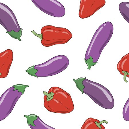 Fresh vibrant ripe eggplants and red pepper. Vector seamless patternのイラスト素材