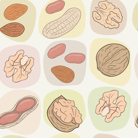 Shelled and whole nuts: walnuts, peanuts, almonds. Vector seamless pattern, eps10.のイラスト素材