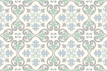 Traditional ornate portuguese and brazilian tiles azulejos. Faded dingy worn colors azulejo tiles. Worn look. Vintage pattern. Abstract background. Vector illustration, eps10.のイラスト素材