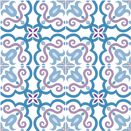 Seamless pattern. Traditional ornate portuguese tiles azulejos in blue and violet colors. Abstract background. Seamless texture. Vector illustration, eps, added to swatch palette.のイラスト素材