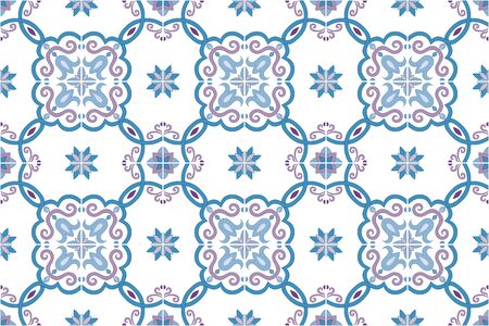 Traditional ornate portuguese and brazilian tiles azulejos in blue and violet gentle colors. Spanish talavera tiles. Vintage pattern. Abstract background. Vector illustration, eps10.のイラスト素材