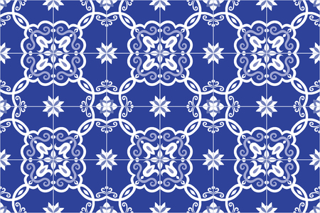 Traditional ornate portuguese and brazilian tiles azulejos in blue. Spanish talavera tiles. Vintage pattern. Abstract background. Vector illustration, eps10.のイラスト素材