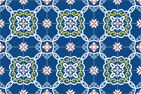 Traditional ornate portuguese and brazilian tiles azulejos in blue, yellow and pink. Spanish talavera tiles. Vintage pattern. Abstract background. Vector illustration, eps10.のイラスト素材