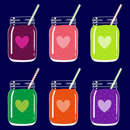 Set of 6 fruit and berry smoothies in mason jars with striped straws and heart shapes. Romantic smoothie collection. Valentine's day fresh natural drink, isolated.Vector hand drawn illustration eps10.のイラスト素材
