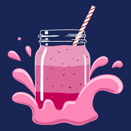 Fruit and berry layered smoothie in mason jar with striped straw in a splash of yoghurt. Fresh natural berry drink, isolated. Vector hand drawn illustration eps10.のイラスト素材