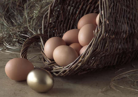 Chicken Eggs in Basket, Symbolic Image for Gold Egg with Henの写真素材