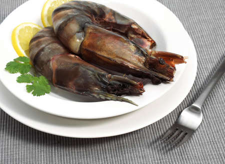 FRESH MEDITERRANEAN PRAWS OR GAMBAS WITH LEMONの写真素材