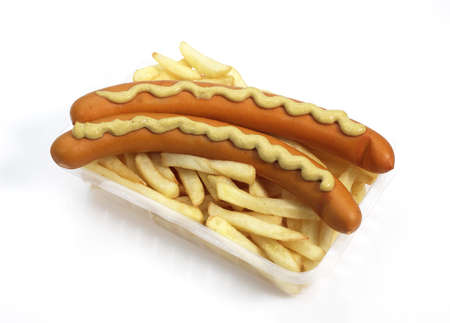 Strasburg Sausages With Mustard and French Fries against White Backgroundの写真素材