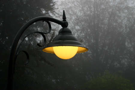 Burning street lamp on a misty raining eveningの写真素材