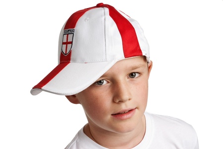 Boy wearing England Football Cap. Studio on white background.の写真素材