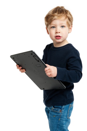 Boy with a bid calculator shot in the studio on a white background.の写真素材