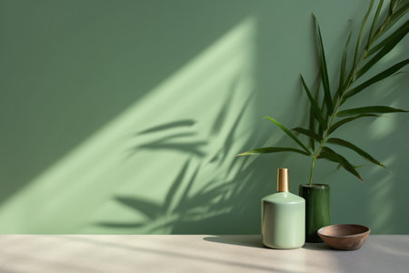 Mockup of cosmetic bottle with bamboo leaf shadow on green wallの素材