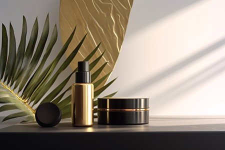 Cosmetic products on black table with palm leafの素材
