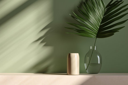 Tropical palm leaf and glass vase on table near green wallの素材