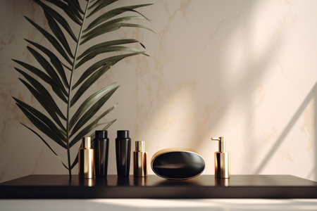 Black and gold cosmetic skincare products on glossy black tableの素材
