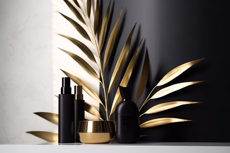 Cosmetic products with golden leaves on black backgroundの素材