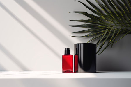 Red cosmetic bottle and black candle on white table top mockupの素材