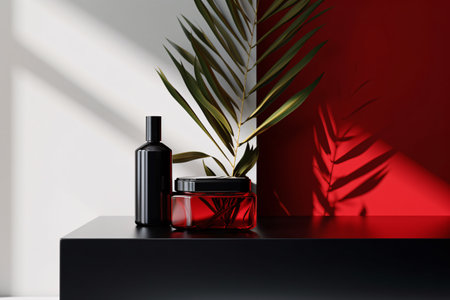 Cosmetic bottles on black table against red wall with palm leaf shadowsの素材