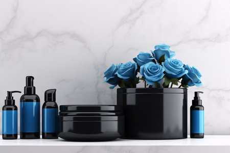 Cosmetic containers with blue roses on white marble tableの素材