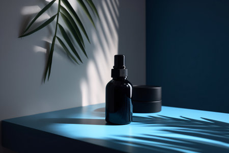 Cosmetic bottle on blue table with palm leaf shadowの素材