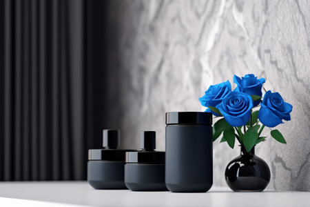 Black cosmetics bottles with blue roses, white marble wallの素材