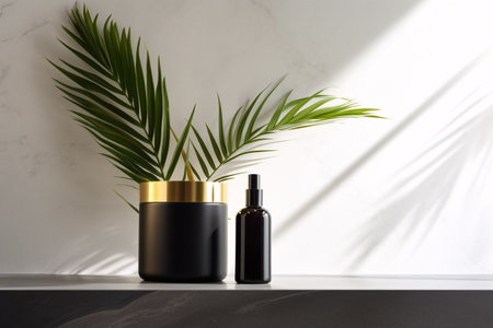 Black and golden cosmetics bottle with palm leafs on black marble table, white wall in backgroundの素材