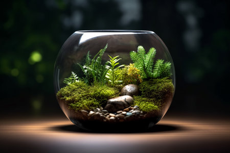Beautifully crafted small terrarium made of glass, filled with vibrant green moss and a variety of small plants, placed on a wooden floor.の素材