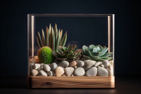 Cubic terrarium with pebbles and succulents on dark backgroundの素材