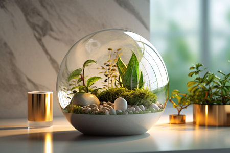 Captivating spherical glass terrarium, meticulously crafted and adorned with an arrangement of small green plants and pebbles, standing gracefully on a pristine white table top.の素材