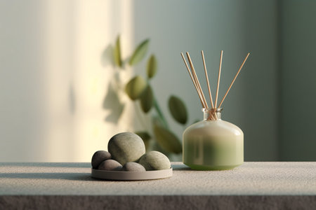 Reed diffuser and stones on stone table top, minimalist and sereneの素材
