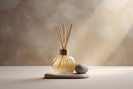 Minimalistic reed diffuser on stone table, bathed in soft sunlightの素材