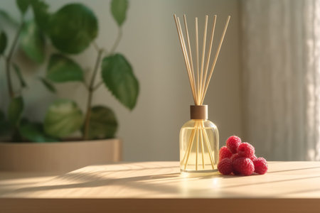 Bright image of reed diffuser and raspberries on wooden table. Soft shadows and sunlightの素材