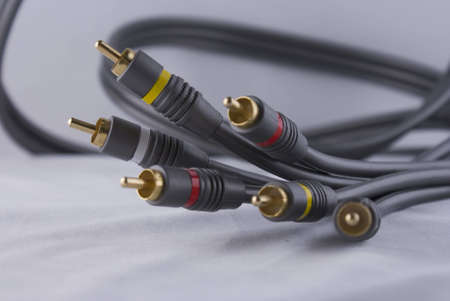 close up of grey audio video cables 