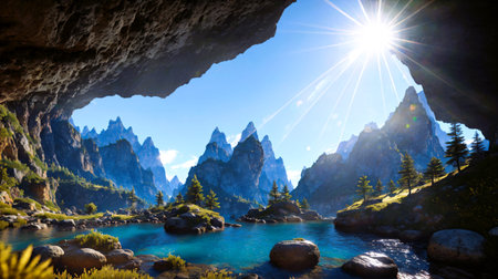 Beautiful alpine landscape with turquoise lake and high mountainsの素材