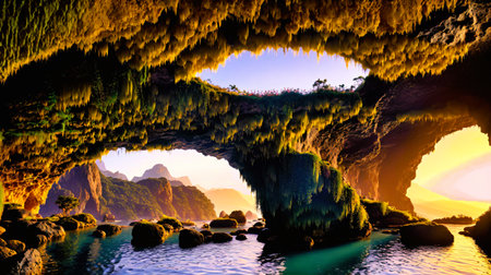 Beautiful view of a cave in the middle of the sea at sunsetの素材